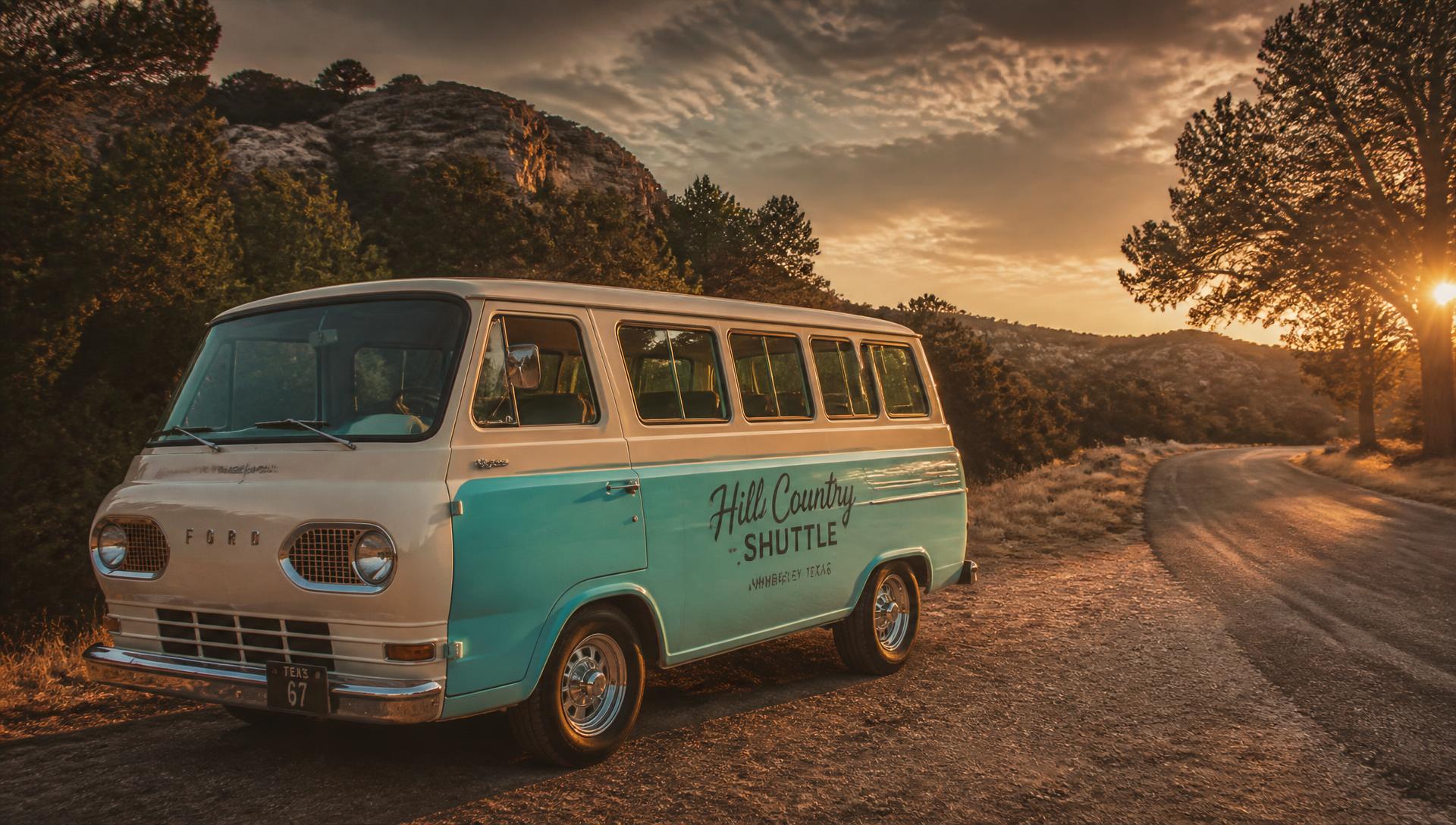 Vintage turquoise shuttle van on a Texas Hill Country road at sunset